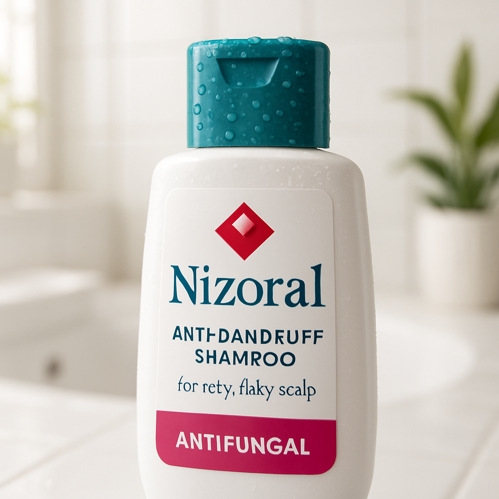 A close‑up of a bottle of Nizoral shampoo in a bright bathroom, droplets on the cap, emphasizing antifungal action. Alt: Nizoral anti‑dandruff shampoo for itchy flaky scalp