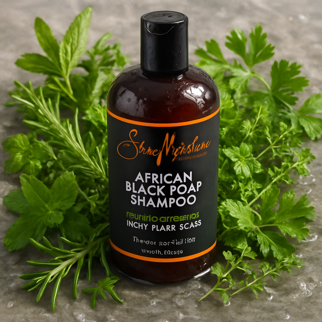 A bottle of SheaMoisture African Black Soap Shampoo surrounded by fresh herbs and water, Alt: SheaMoisture African Black Soap Shampoo for gentle hydration of itchy flaky scalp