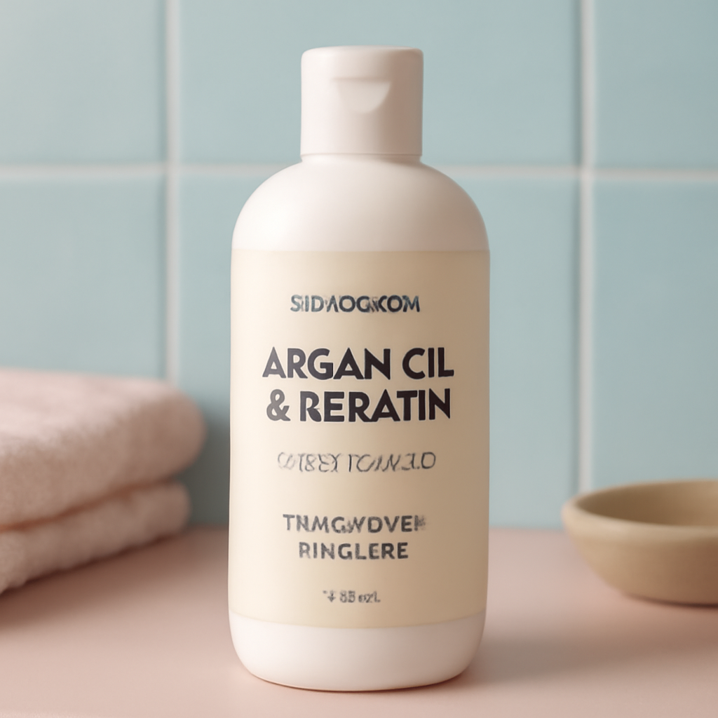 A close‑up of a shampoo bottle with argan oil and keratin ingredients, set on a pastel bathroom shelf. Alt: Vitamin‑rich shampoo with argan oil and keratin for postpartum hair loss