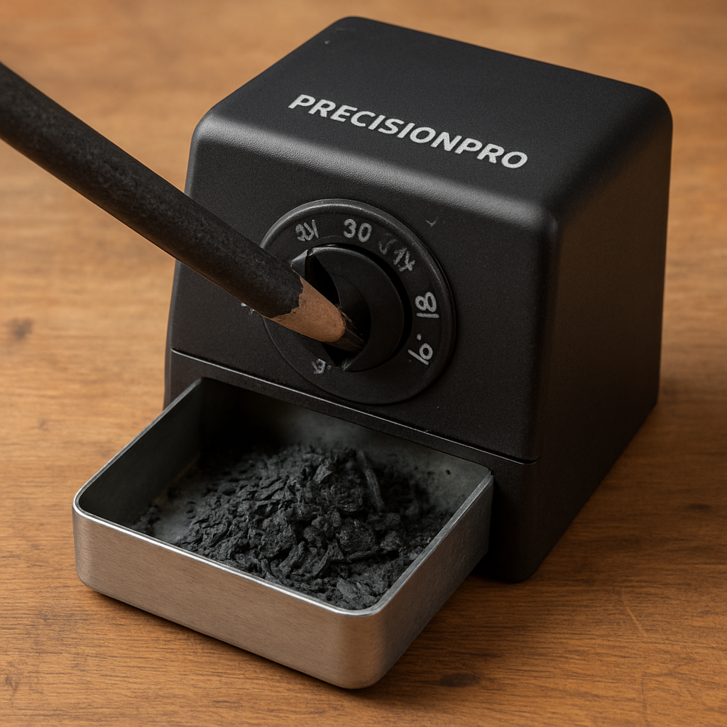 A photorealistic close‑up of the PrecisionPro Charcoal Sharpener in use on a wooden studio table, showing a charcoal pencil entering the cutter, clean shavings falling into a tray, and the adjustable angle dial highlighted. Alt: PrecisionPro charcoal sharpener detailed view, best sharpener for charcoal pencils, realistic style.