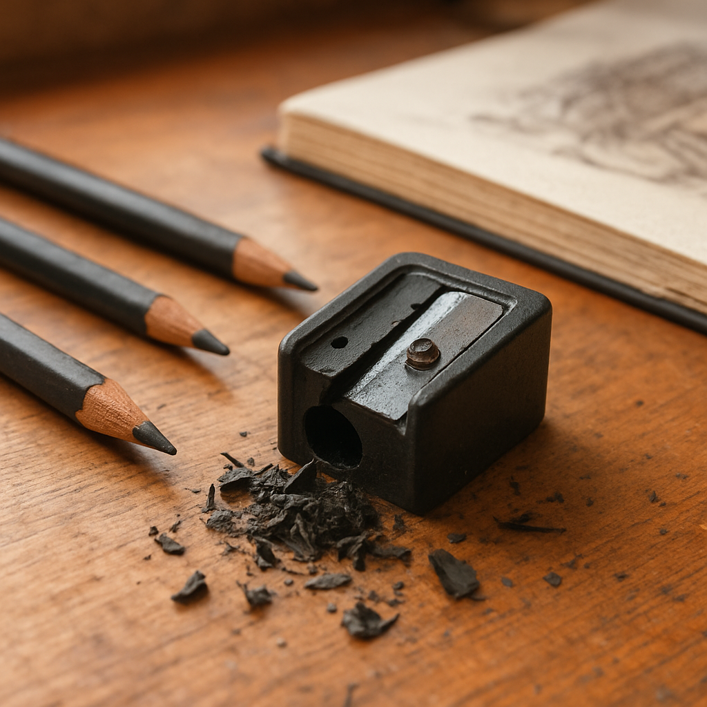 A photorealistic close-up of a compact charcoal sharpener on a wooden desk, surrounded by 2B and 6B charcoal pencils, shavings, and a sketchbook; Realism style, warm natural light in a small Mumbai studio; Alt: budget-friendly charcoal sharpener with pencils in an Indian studio.