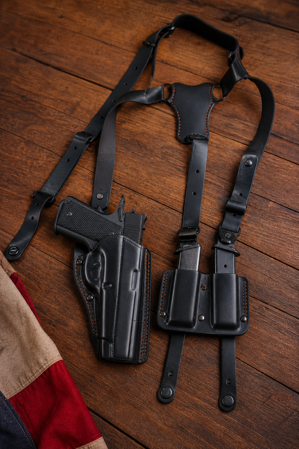 A photorealistic close-up of a leather shoulder holster with a double magazine pouch, lying on a wooden table with a revolver beside it. Alt: Budget leather shoulder holster on wooden table.