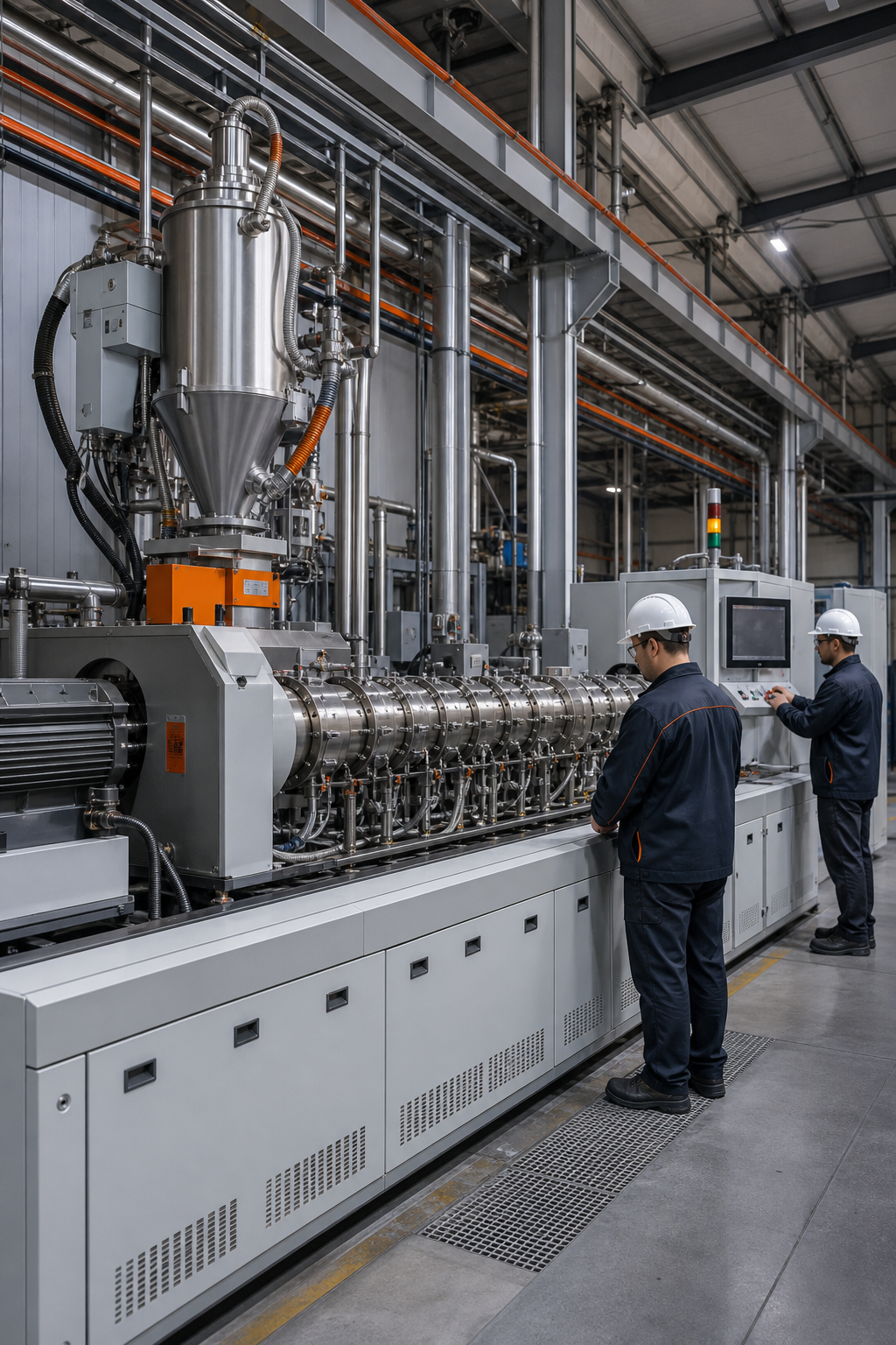 A realistic industrial extruder line with high‑throughput single screw machine, metal pipes and control cabinets, bright factory lighting, workers in safety gear. Alt: high‑throughput single screw extruder for cable production