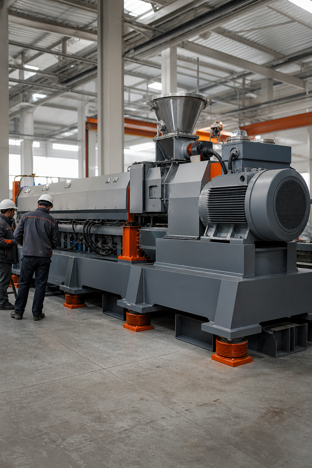 A realistic photo of a massive industrial extruder with heavy‑duty frame, large motor, and vibration isolation pads, factory setting, workers inspecting. Alt: strong heavy‑duty single screw extruder for cable production