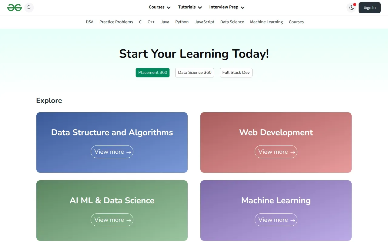 Screenshot of the GeeksforGeeks website
