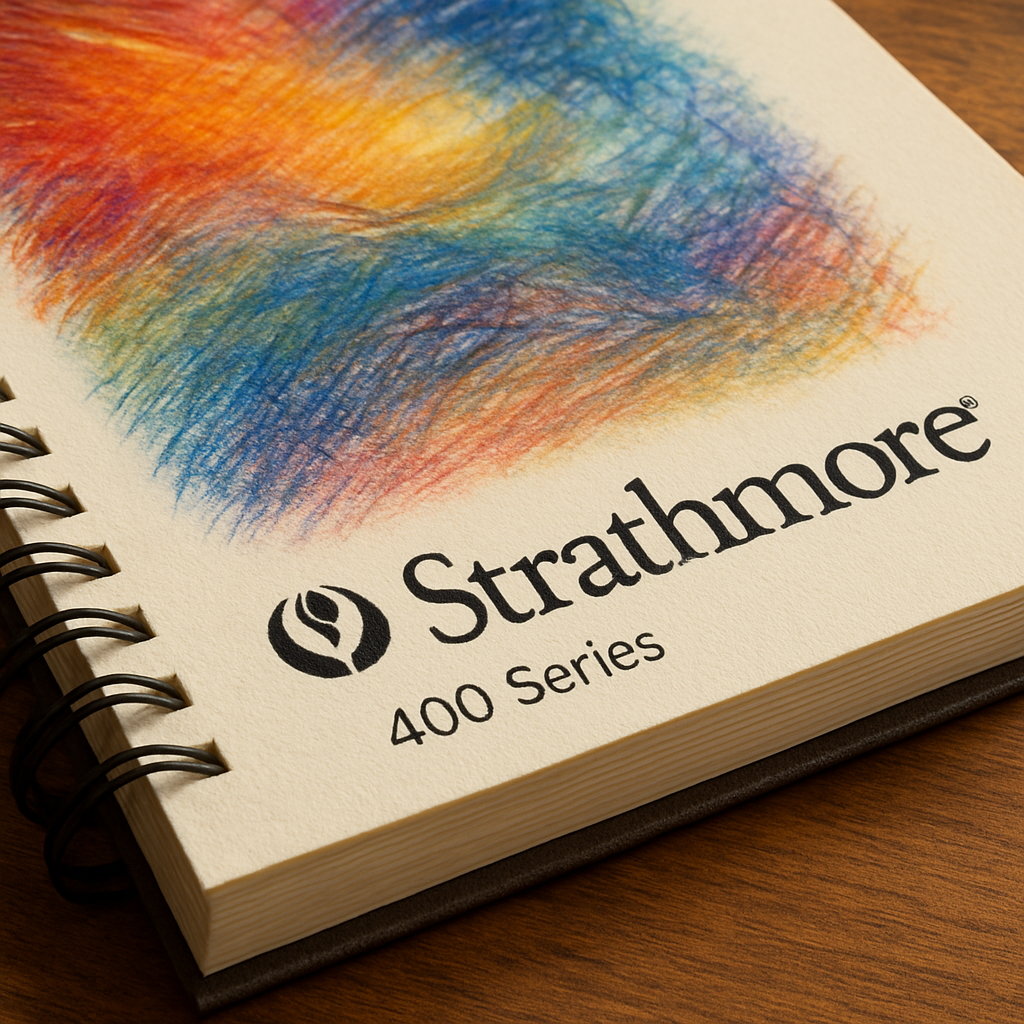 A close‑up of an open Strathmore 400 Series sketch pad with vibrant colored pencil artwork on the page, showing the paper texture and binding. Alt: Strathmore 400 Series sketch pad ideal for colored pencils
