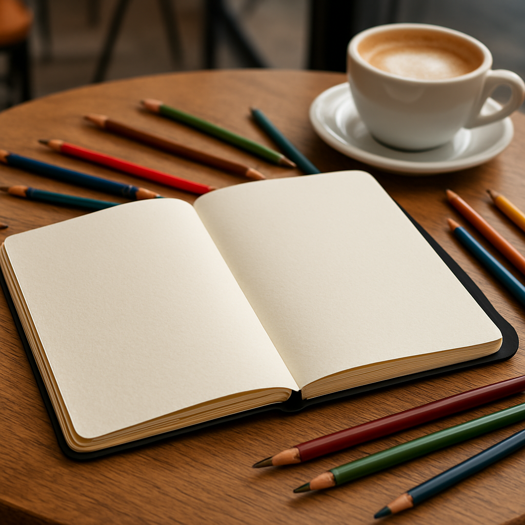 A Moleskine Art Sketchbook opened on a café table with colored pencils scattered around, showing the textured 115gsm paper and sleek black cover. Alt: Moleskine art sketchbook portable stylish best sketchbook for colored pencils