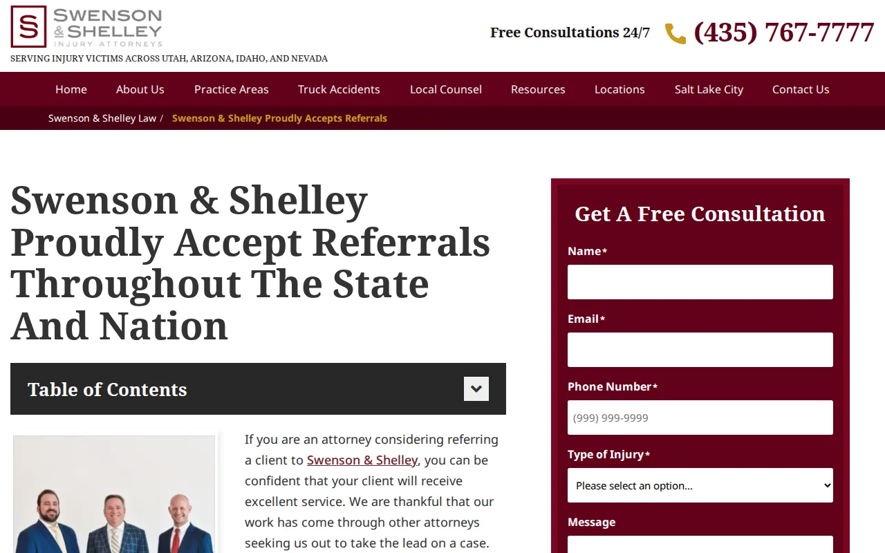 Screenshot of the Swenson & Shelley Law website