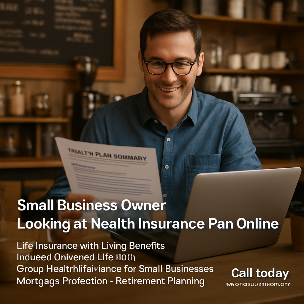 A friendly small business owner reviewing a health plan summary with a laptop, surrounded by coffee shop supplies. Alt: Small business owner looking at health insurance plan online.