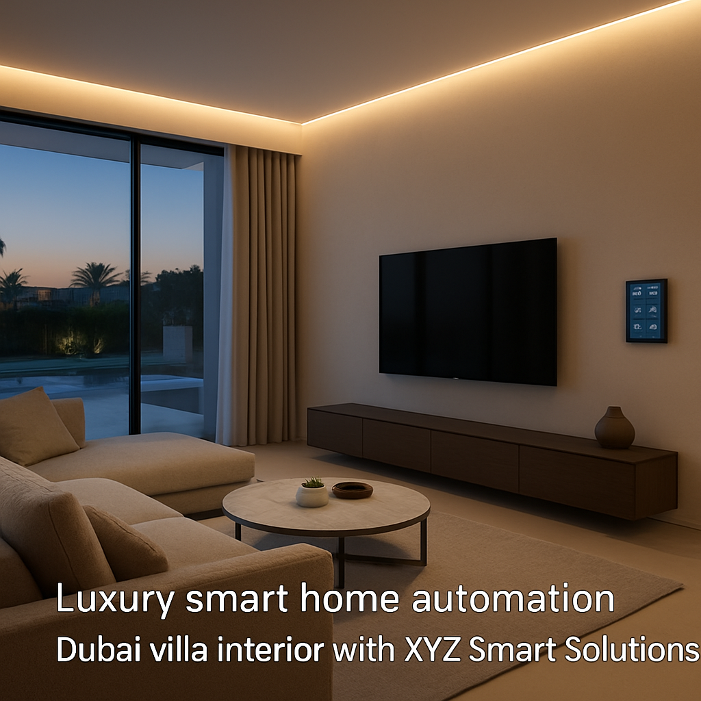 A sleek, modern Dubai villa interior at dusk, showing integrated smart lighting, motorised curtains, and a discreet wall‑mounted control panel. Alt: Luxury smart home automation Dubai villa interior with XYZ Smart Solutions.