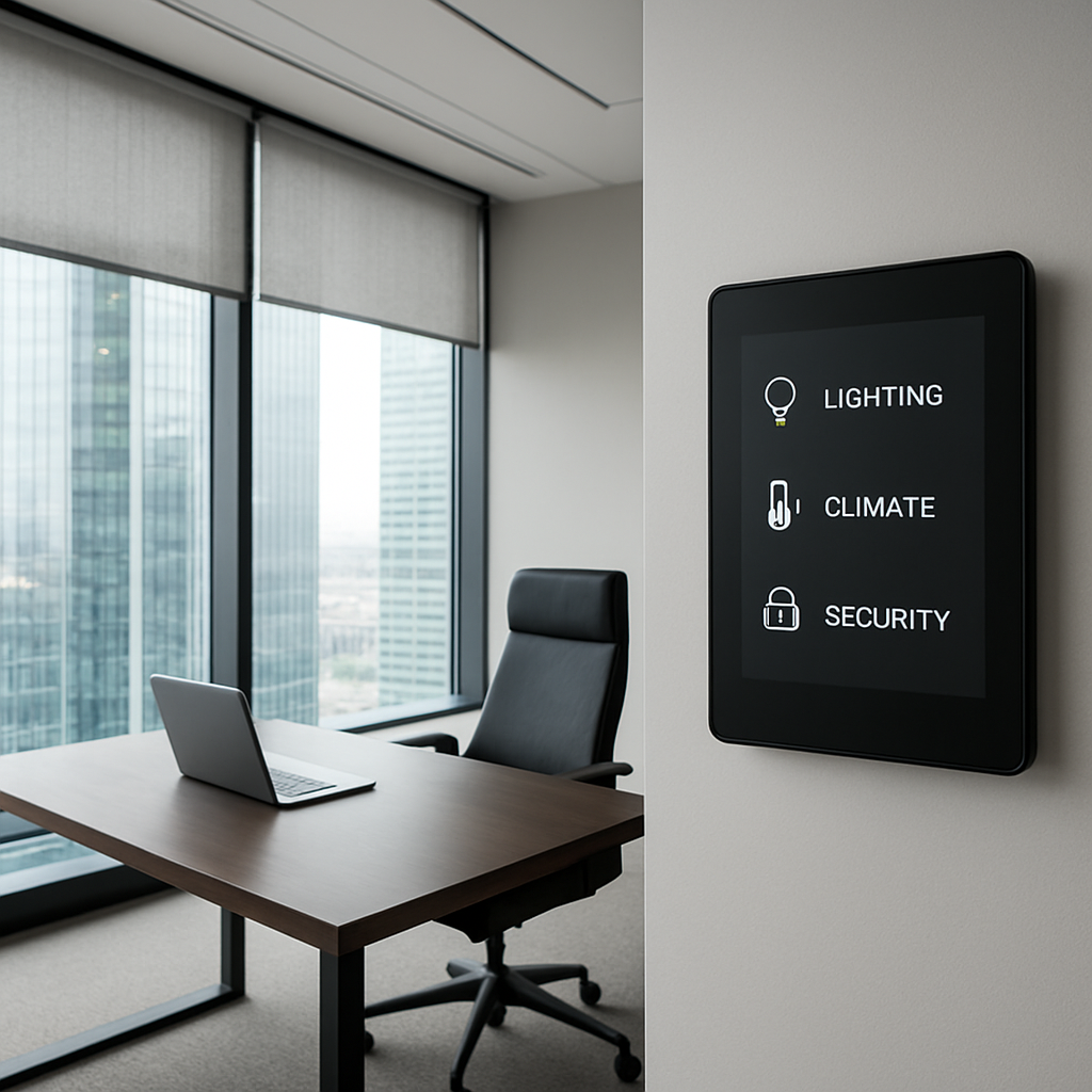 A modern DIFC office suite with floor‑to‑ceiling glass, motorised blinds half‑down, a sleek wall‑mounted control panel displaying lighting, climate, and security icons. Alt: Smart office automation in a DIFC business suite showing integrated lighting, climate, and security controls.