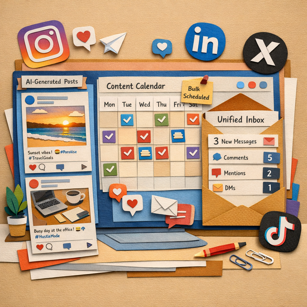 A Papercraft illustration of a sleek dashboard showing AI‑generated social media posts, a calendar with bulk‑scheduled items, and a unified inbox, all surrounded by icons of Instagram, LinkedIn, X, and TikTok, appealing to digital marketers and small‑business owners. Alt: Best social media automation tools dashboard in papercraft style.