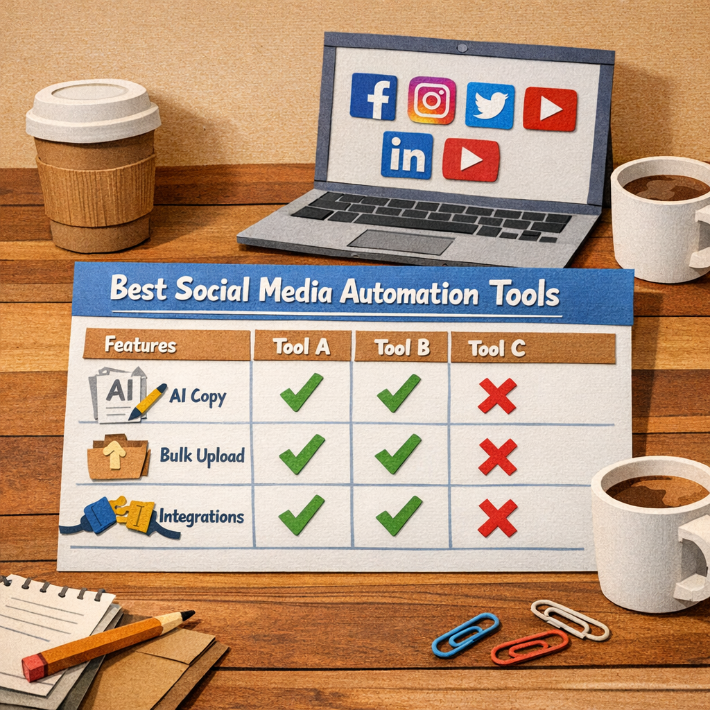 A Papercraft illustration of a comparison table on a desk, with icons for AI copy, bulk upload, and integration plugs, surrounded by coffee cups and a laptop screen showing social platform logos, Alt: Best social media automation tools comparison table in papercraft style