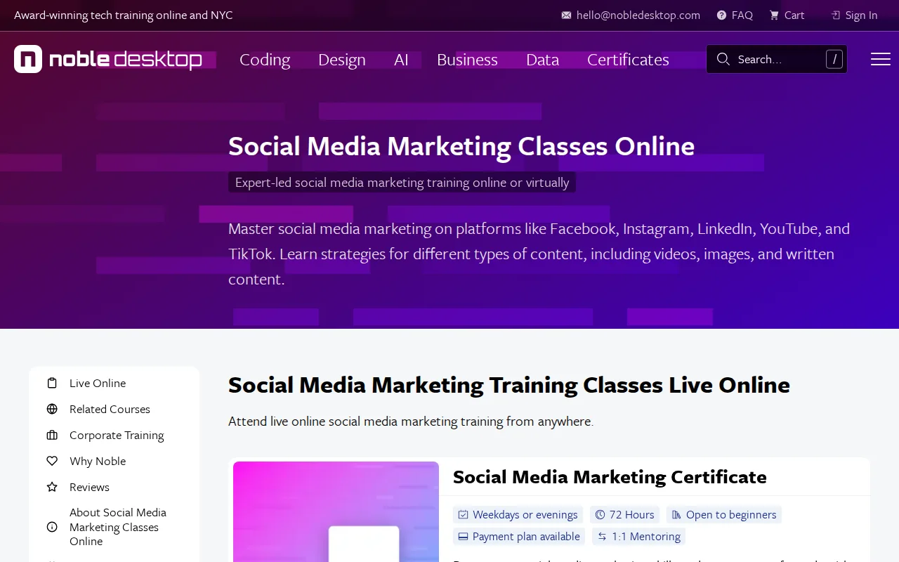 Screenshot of the Noble Desktop Social Media Marketing Certificate website