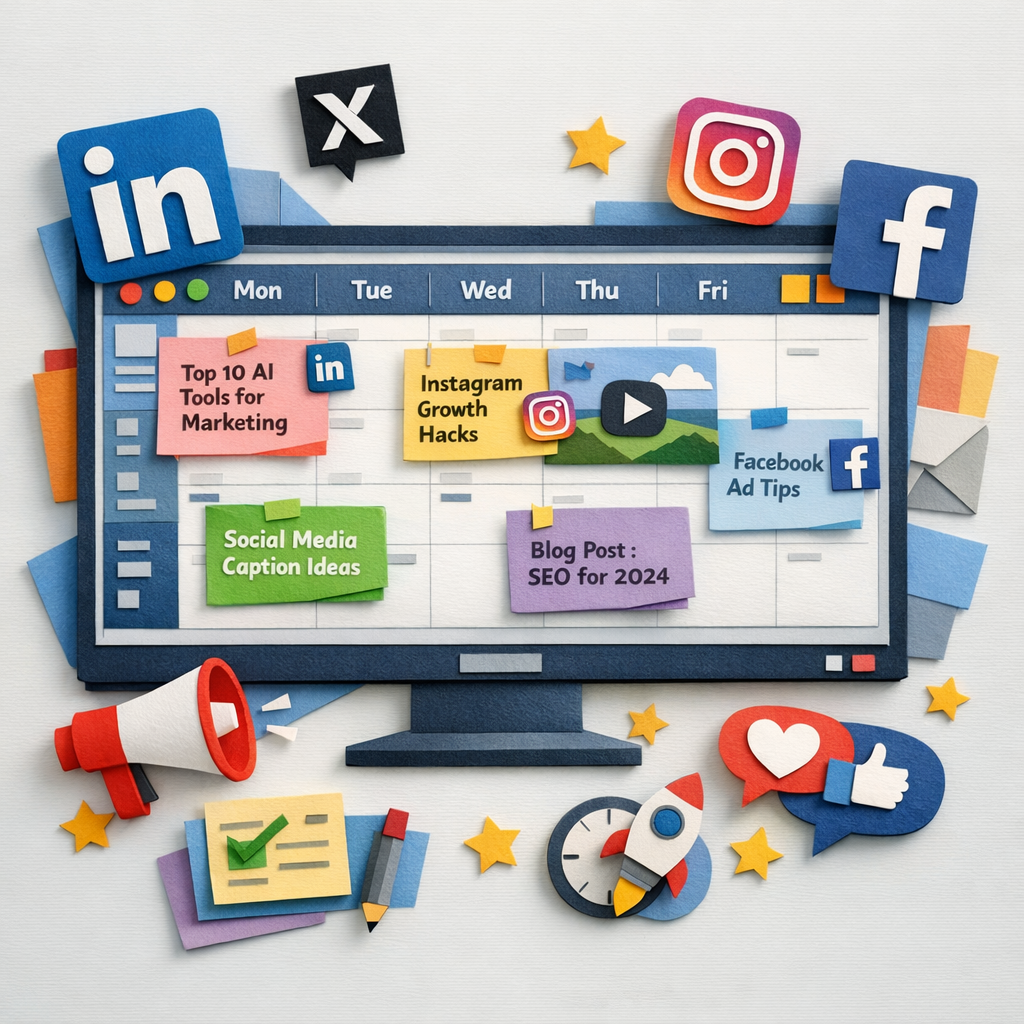 A Papercraft illustration of a sleek dashboard screen showing a calendar filled with AI‑generated blog titles, social media snippets, and a video thumbnail, surrounded by paper‑cut icons of popular platforms like LinkedIn, X, Instagram, and Facebook, conveying the concept of the best social media scheduling software for marketers. Alt: Papercraft dashboard of automated content calendar for social media scheduling software