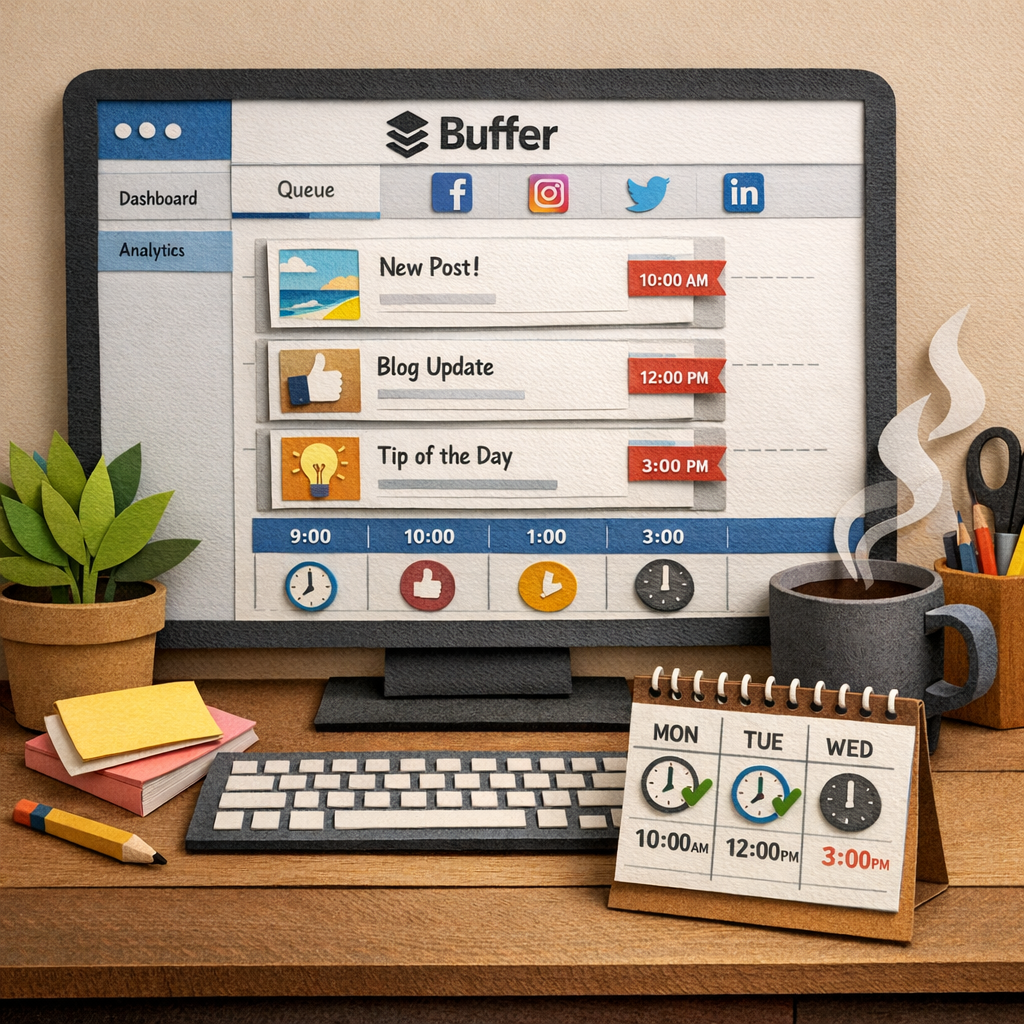 A Papercraft illustration of a sleek desktop workspace showing Buffer’s dashboard with a visual queue of social media posts scheduled across multiple platforms, a coffee mug, and a calendar marked with posting times. Alt: Papercraft visual of Buffer scheduling interface with queued posts and optimal posting times.