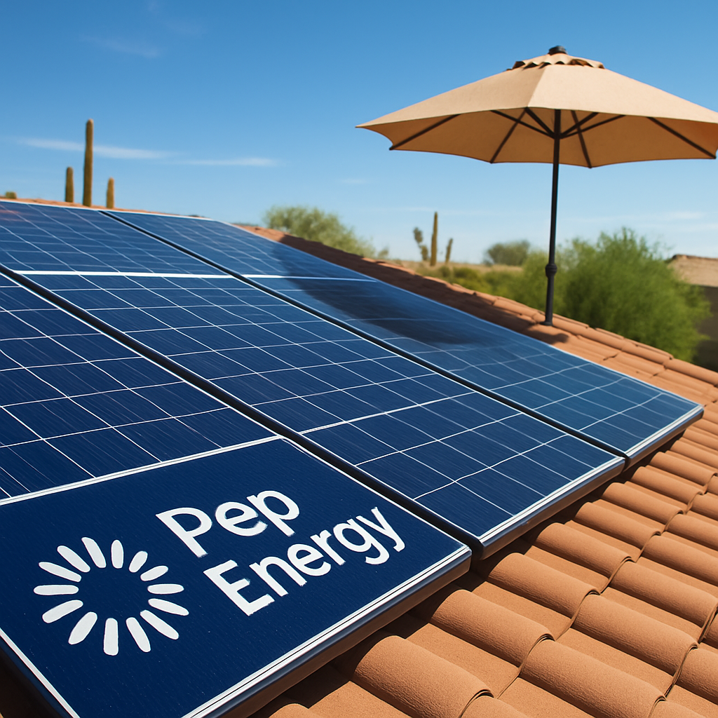 A sunny Arizona rooftop with sleek solar panels installed by Pep Energy, showing clean lines and a subtle shade umbrella in the background to illustrate complementary energy‑efficiency solutions. Alt: Arizona solar installation with shade umbrella for energy efficiency