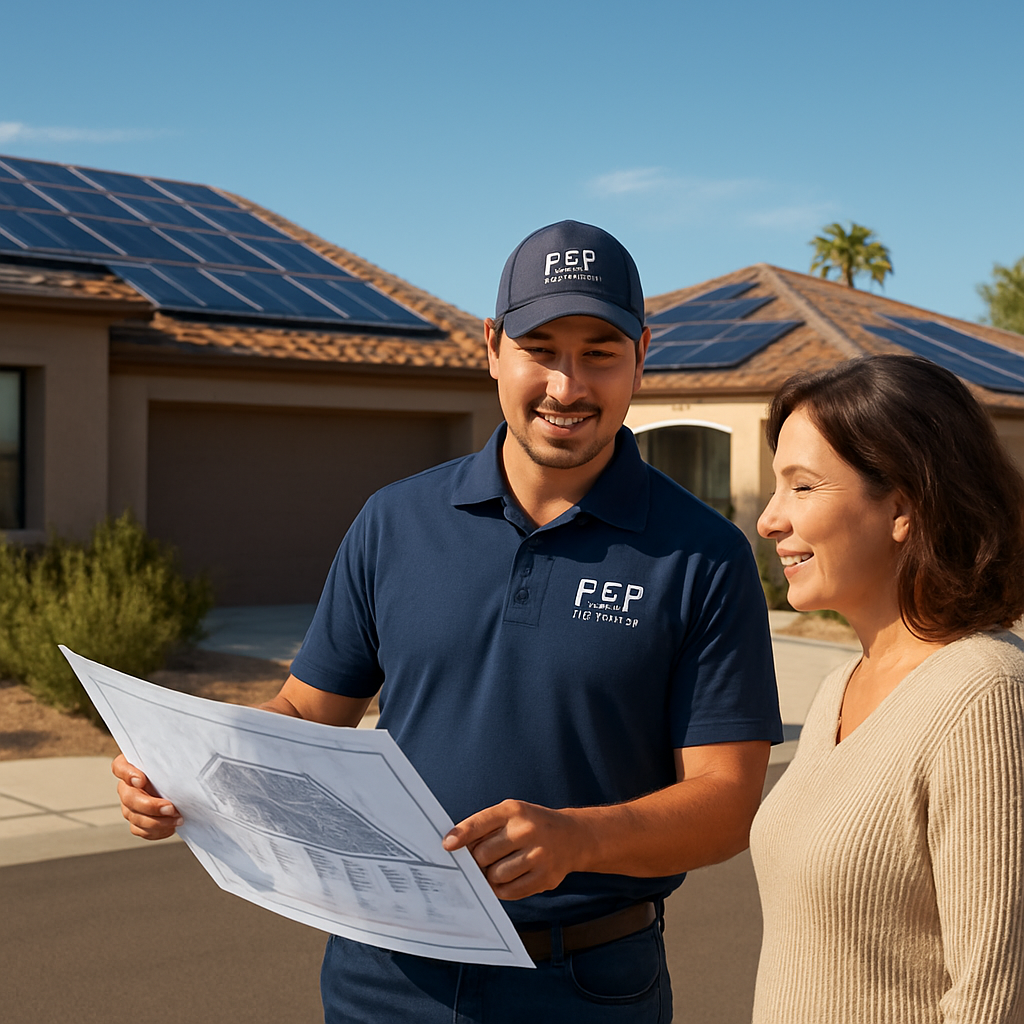 A sunny Arizona neighborhood with SunPower panels installed on a mix of modern and traditional homes, showing a technician reviewing a roof plan with a homeowner. Alt: SunPower residential solar installation with local expertise in Arizona.