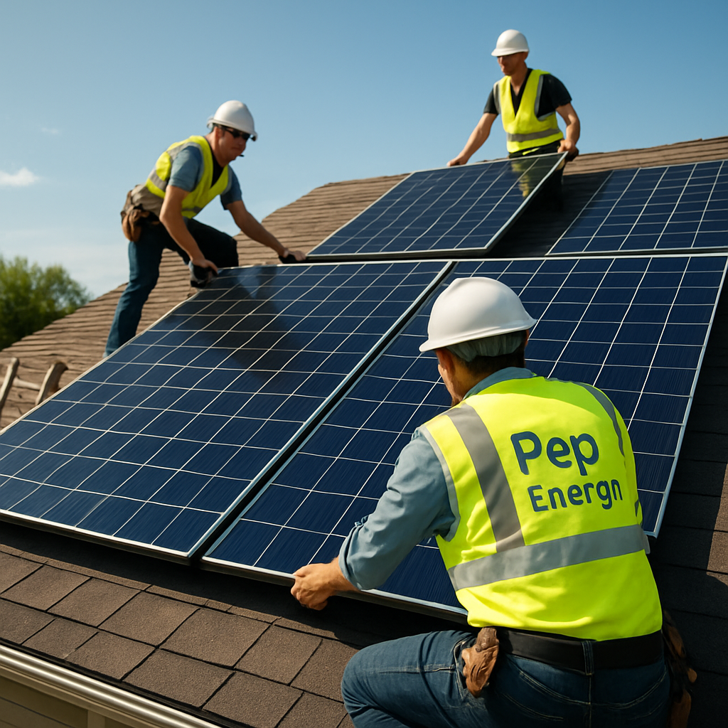 A sunny residential roof with sleek solar panels being installed by a professional crew. Alt: Professional solar panel installation on a home roof, showcasing Pep Energy’s comprehensive service.