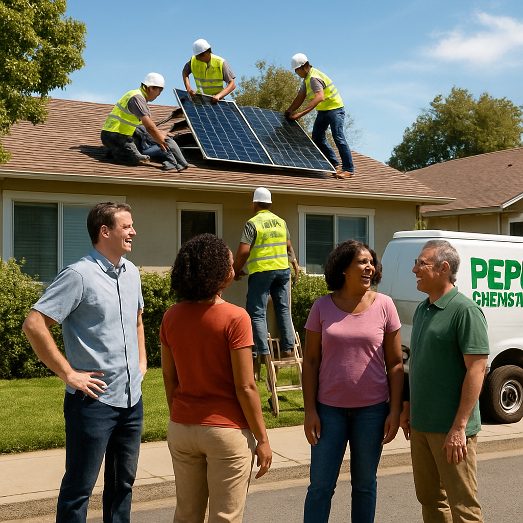 A sunny suburban street with a solar installation crew on a roof, neighbors watching and chatting. Alt: Local green energy provider installing solar panels for community trust