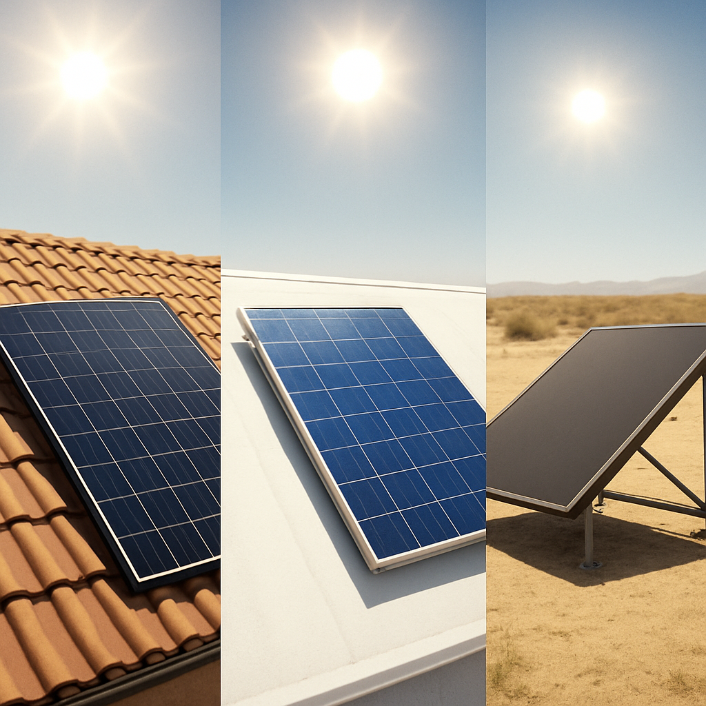A side‑by‑side visual of three solar panel types – sleek monocrystalline on a tilted roof, polycrystalline on a reflective white membrane, and thin‑film on a lightweight rack – all under a blazing desert sun. Alt: Comparison of solar panel specs and heat performance for hot climates