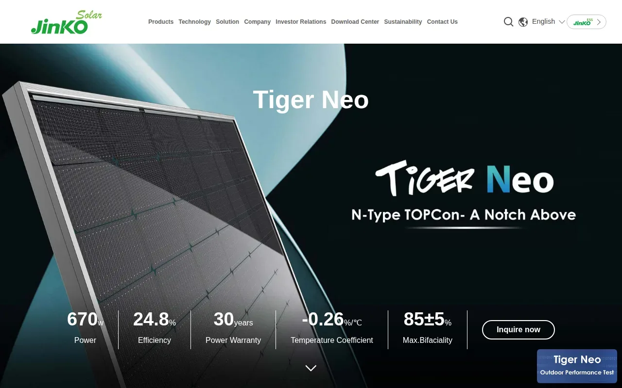 Screenshot of the Tiger Neo 78HC-BDV by JinkoSolar website