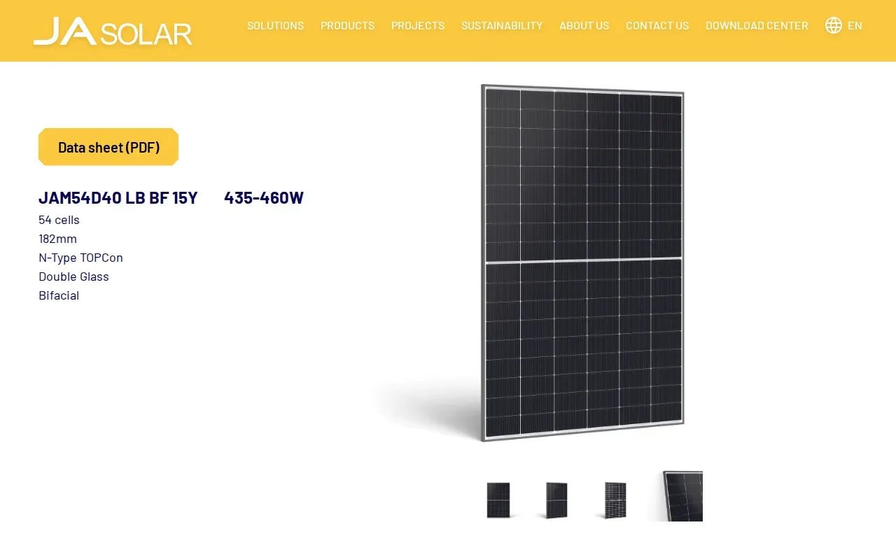 Screenshot of the DeepBlue 4.0 by JA Solar website