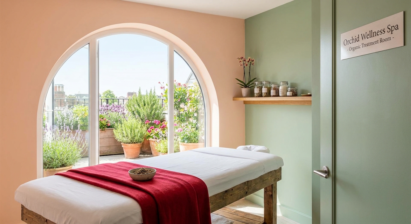 A photorealistic interior of a boutique wellness spa with pastel walls, wooden tables, and a visible rooftop herb garden. Alt: Orchid Wellness Spa organic treatment room.