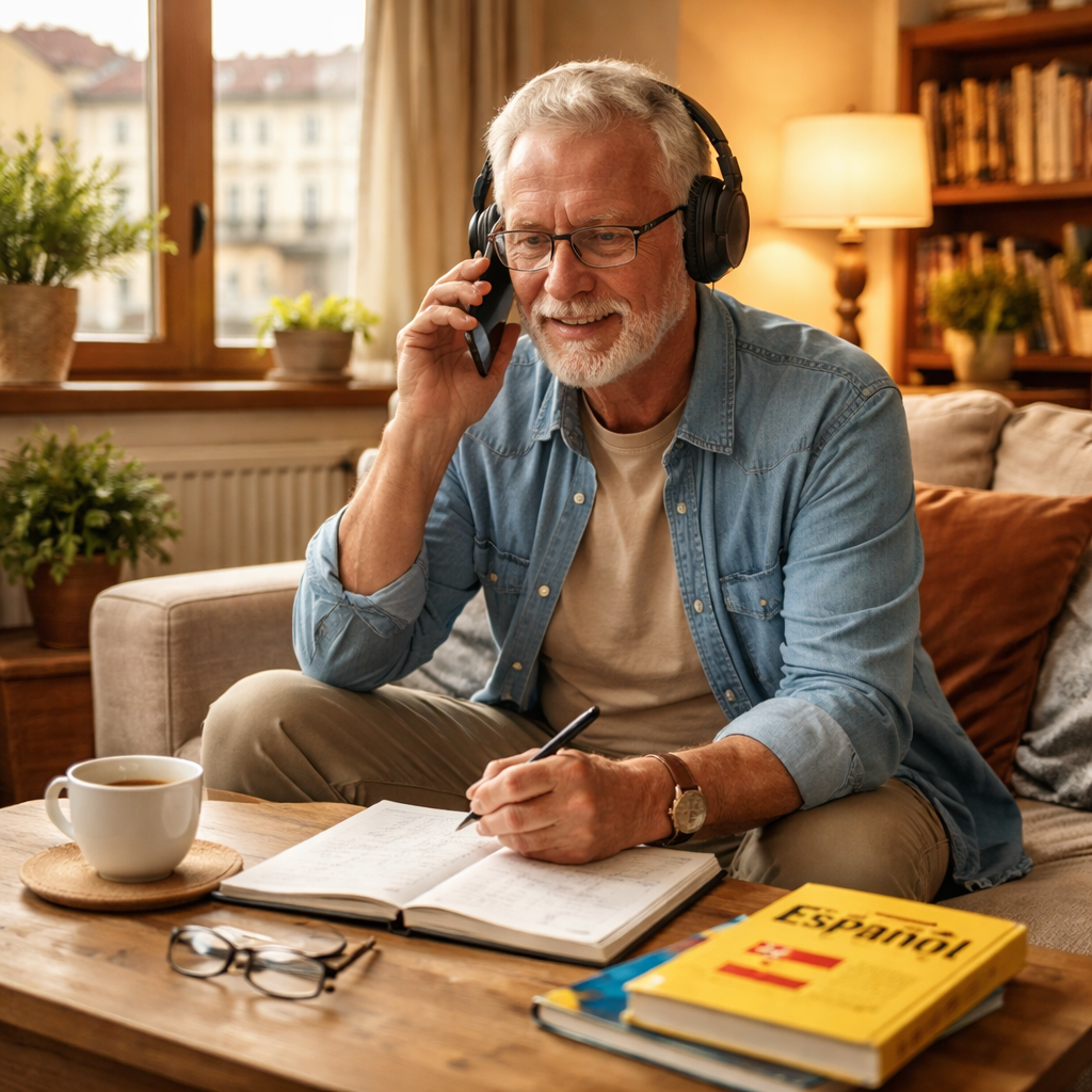 A warm living‑room scene with an older adult listening to a phone, notebook open, and a cup of tea on the table. Realism style, alt: older adult practicing Spanish listening lesson