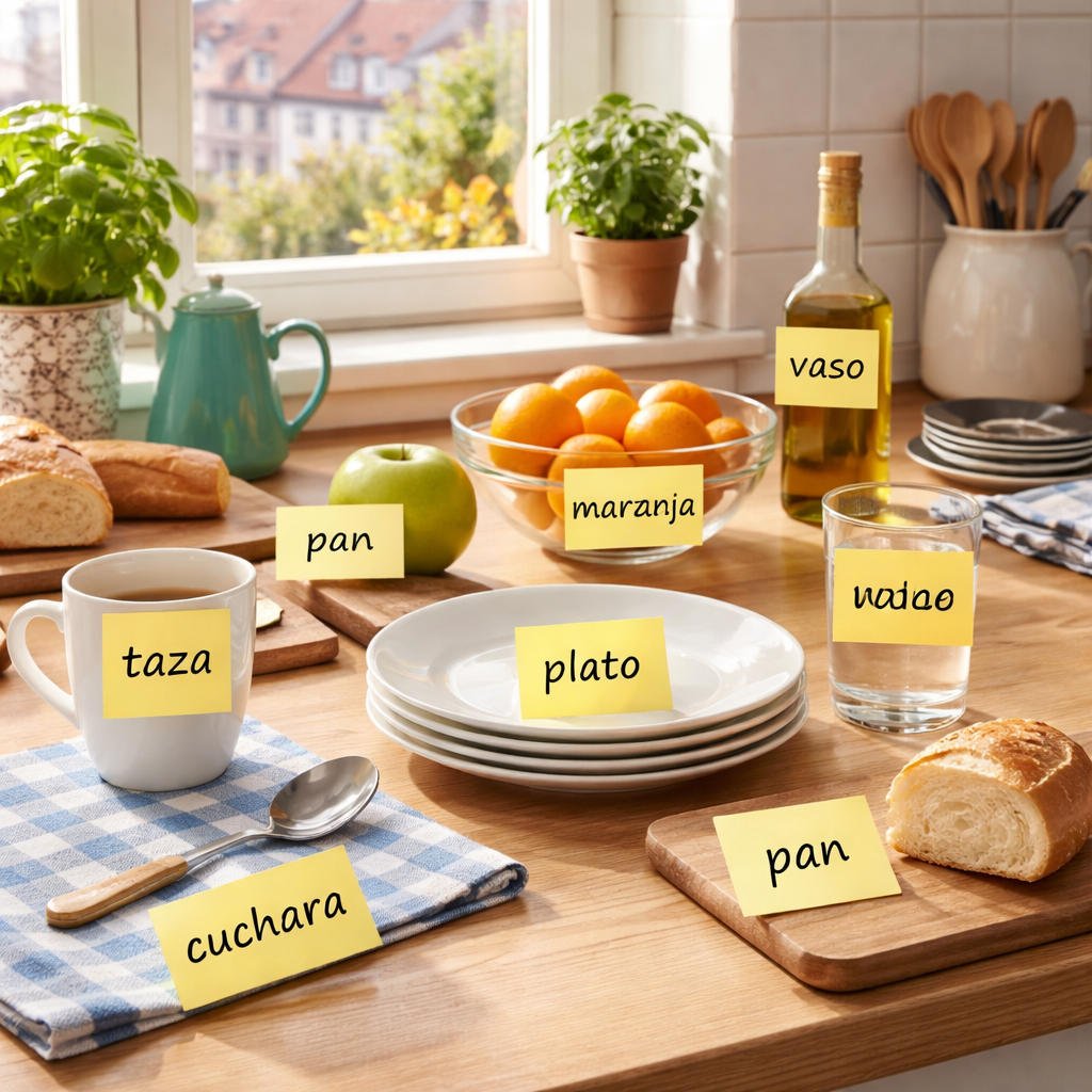 Encimera de cocina brillante con notas adhesivas etiquetadas en español: manzana, naranja y agua. Estilo realista, para adultos mayores practicando vocabulario.