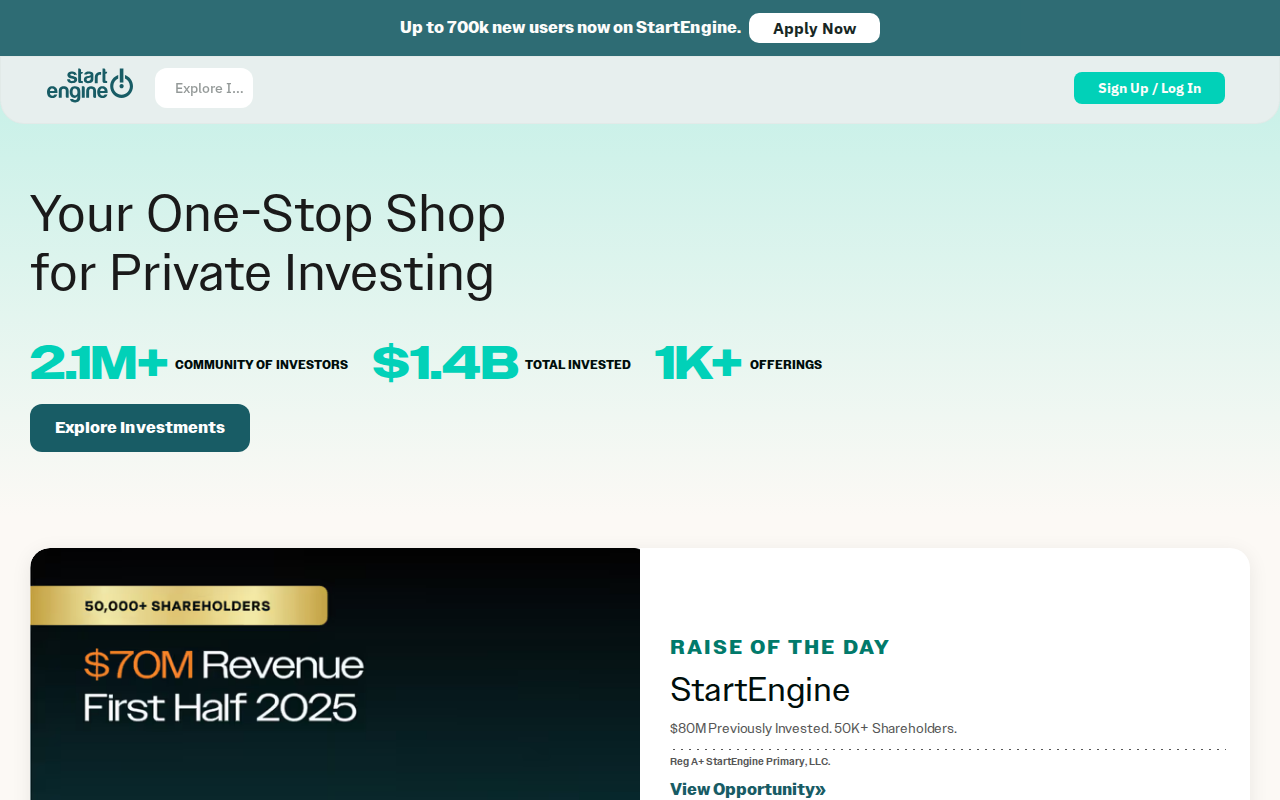 StartEngine equity crowdfunding platform homepage for startups