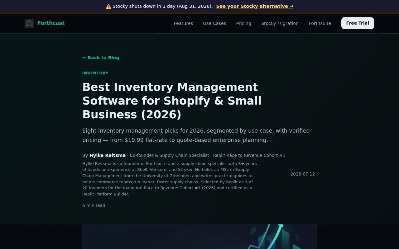 Screenshot of the Forthcast: flat-rate AI forecasting and reorder points website