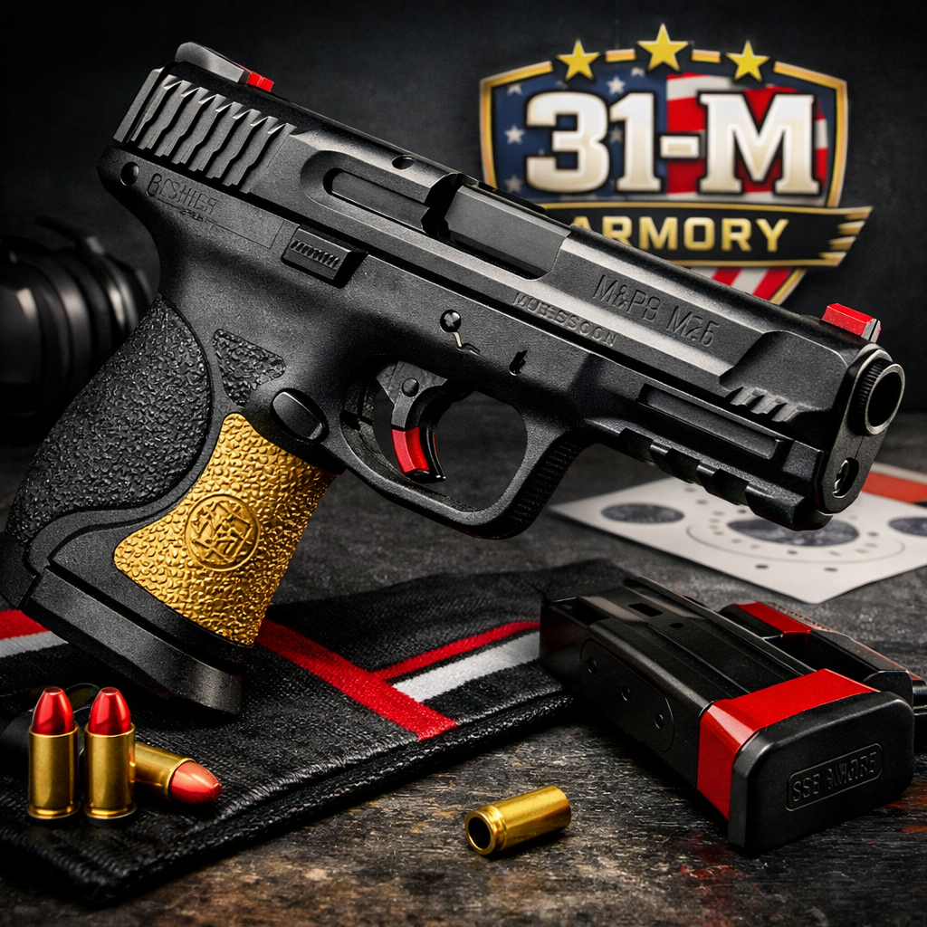 A photorealistic scene of a striker‑fired pistol on a shooting bench, with a focus on the textured grip and modular backstrap, bathed in soft studio light. Alt: Smith & Wesson M&P9 M2.0 close‑up.