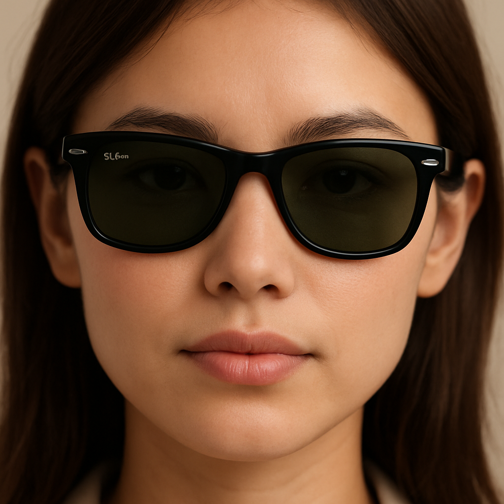 Close‑up of Ray‑Ban RB2132 sunglasses on a petite woman's face, showcasing the narrow bridge and short temples. Alt: Ray‑Ban RB2132 best sunglasses for small faces women