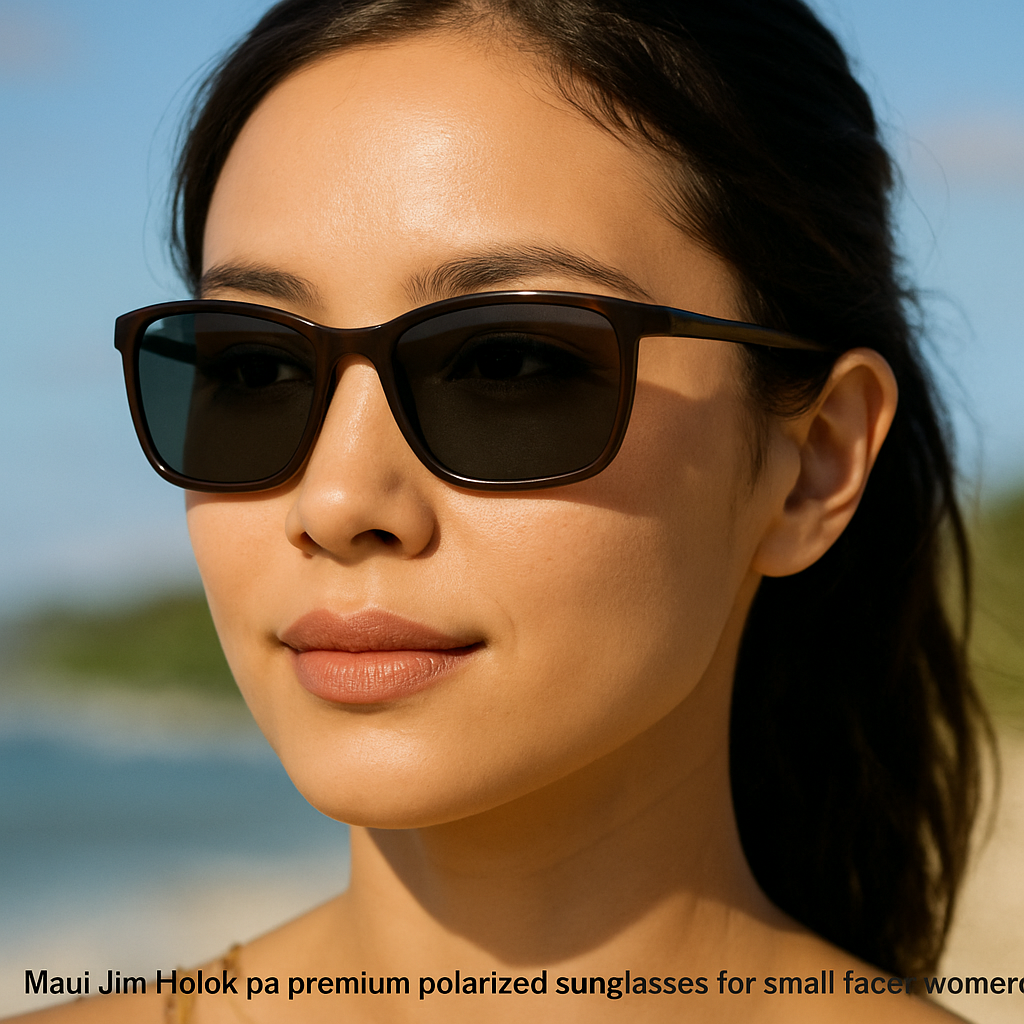 A close‑up of a woman with a petite face wearing Maui Jim Ho‘okipa sunglasses, showing the slim frame and polarized lenses against a sunny outdoor backdrop. Alt: Maui Jim Ho‘okipa premium polarized sunglasses for small faces women