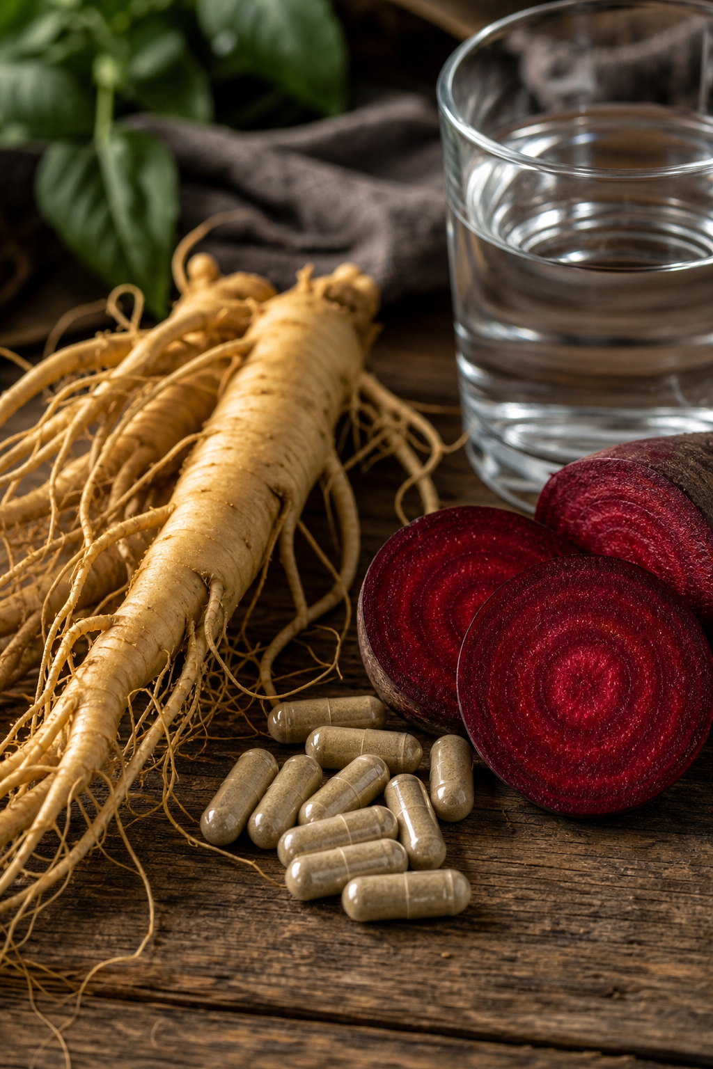 A close-up of natural ingredients scattered on a wooden table: ginseng root, beetroot slices, and green capsules with water glass nearby. Alt: Natural ingredients for erectile dysfunction supplement - ginseng, beetroot, and capsules.