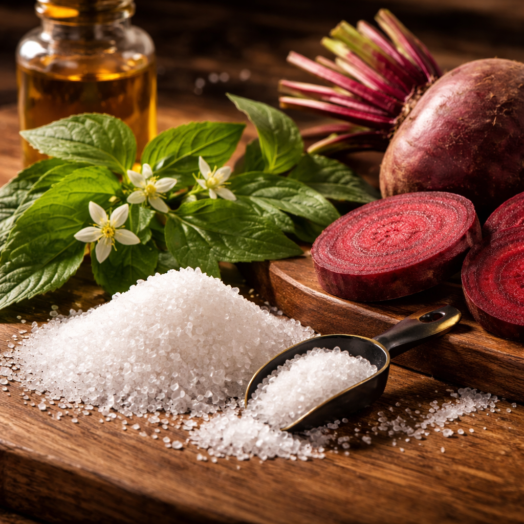 A photorealistic close‑up of natural supplement ingredients such as L‑Arginine crystals, Horny Goat Weed leaves, and beetroot slices on a wooden surface. Alt: natural ingredients for erection hardness supplement.