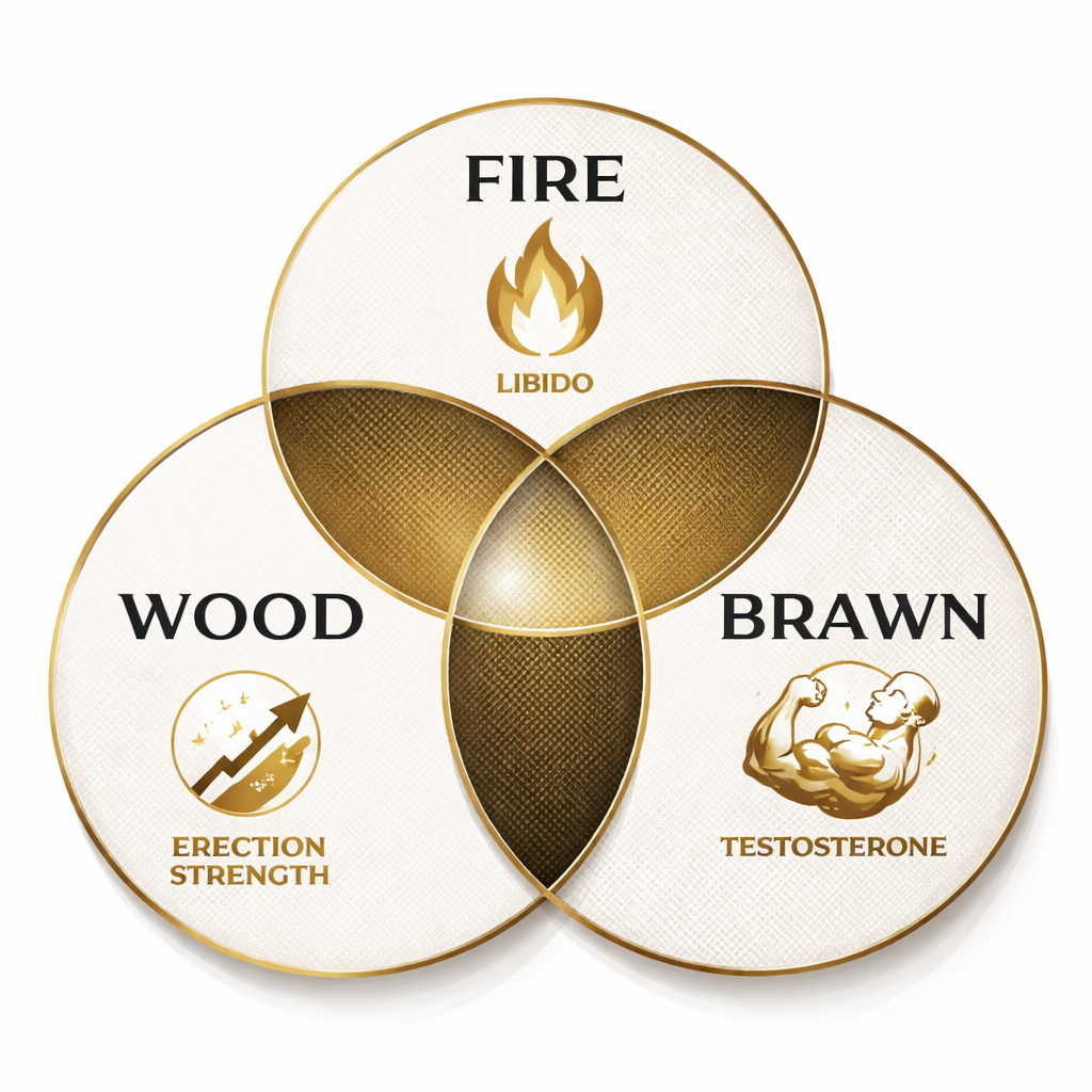 A realistic infographic showing three overlapping circles labeled Wood, Fire, and Brawn, each with icons for erection strength, libido, and testosterone respectively, set against a clean white background. Alt: comparison of three male arousal supplement formulas.