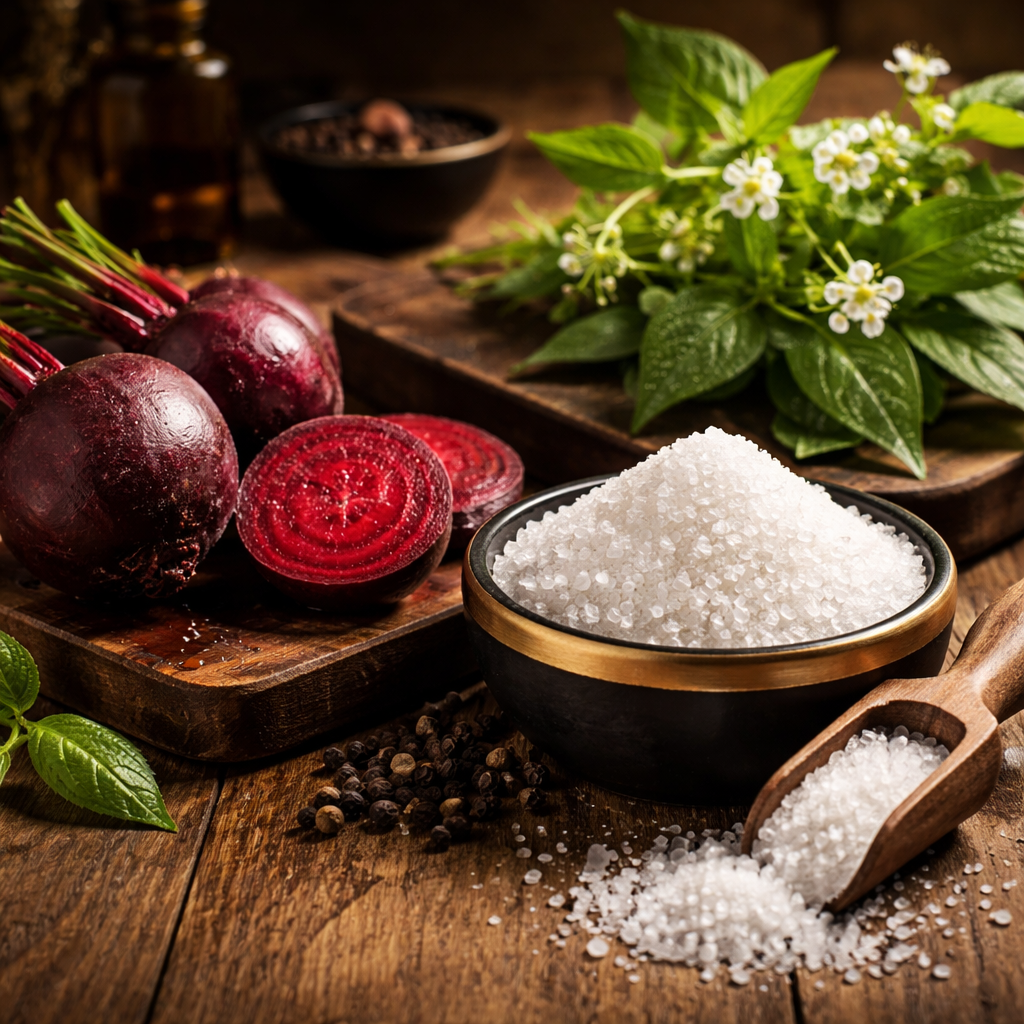 A realistic close‑up of natural supplement ingredients like beetroot, L‑Arginine crystals, and Horny Goat Weed leaves on a wooden table. Alt: best supplement for male blood circulation ingredients.