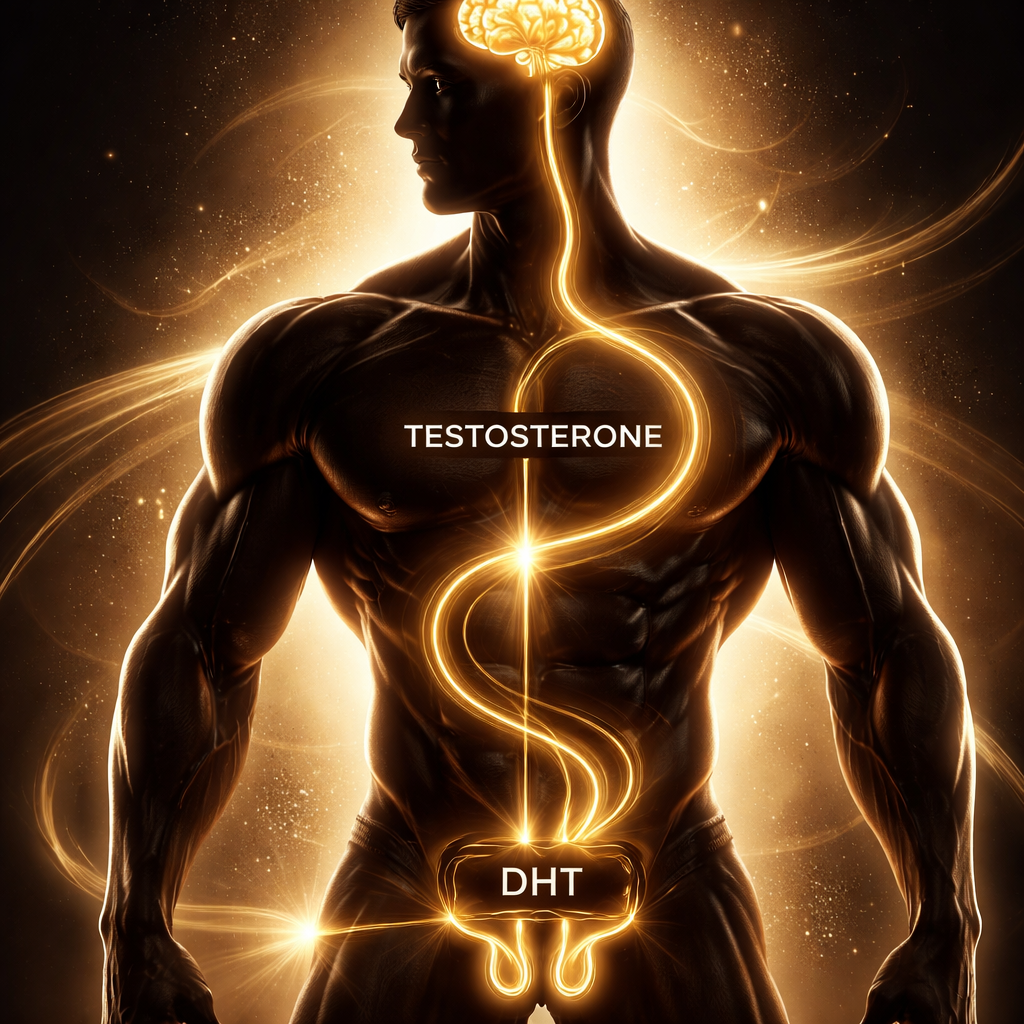 A realistic illustration of a muscular silhouette with glowing hormonal pathways, emphasizing testosterone and DHT flow. Alt: visual of hormone support for confidence