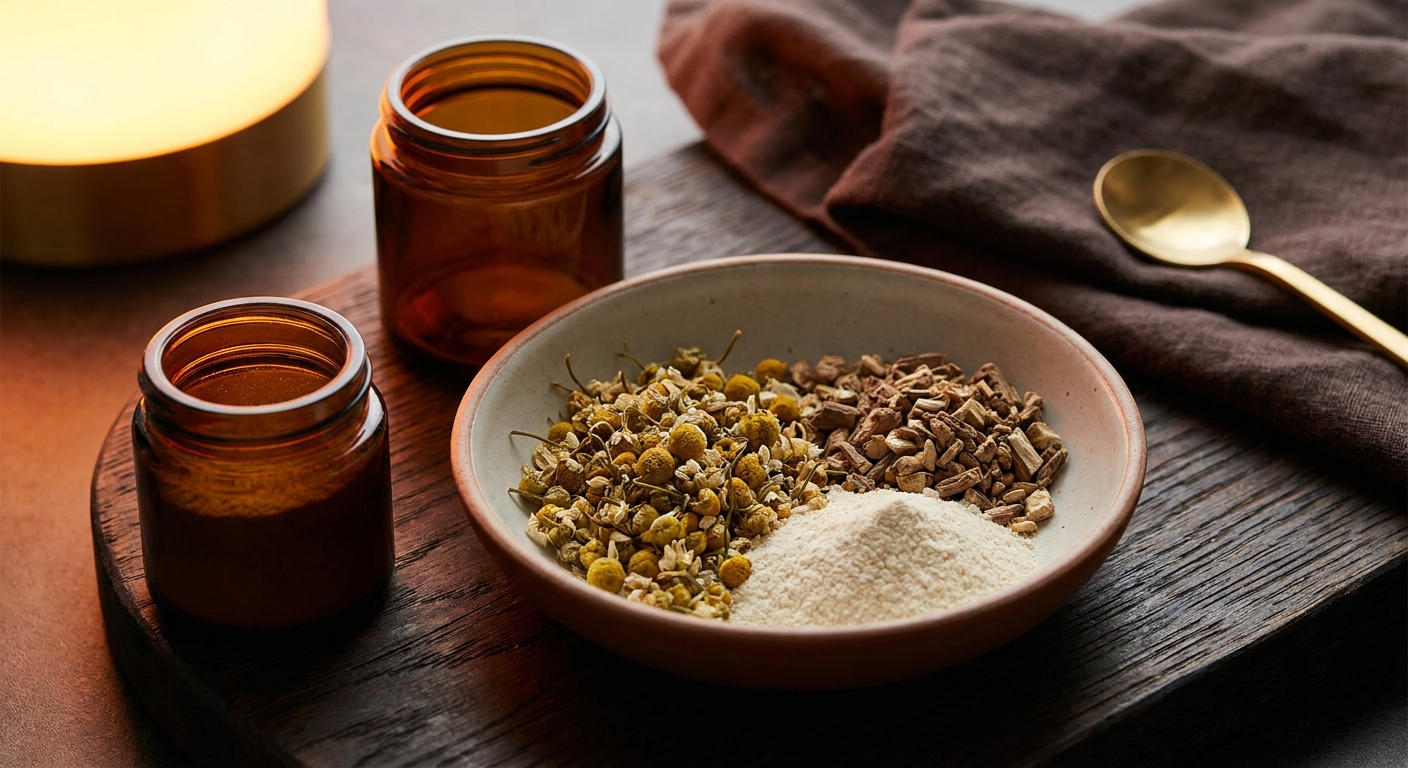 A photorealistic close-up of natural calming herbs and amino acid powder on a dark wooden surface, soft warm lighting with a subtle orange accent. Alt: natural ingredients in the best supplement for male confidence in bed.