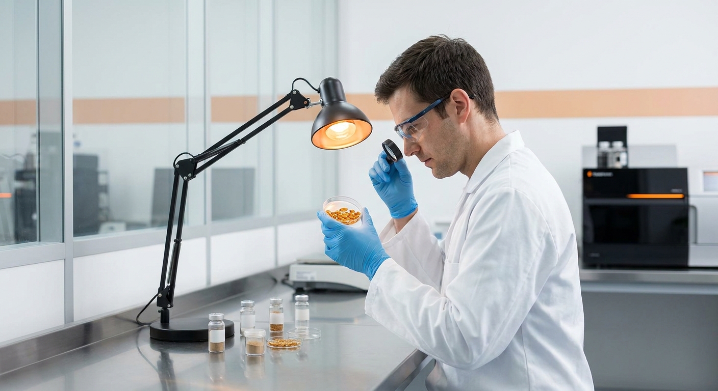 A photorealistic shot of a laboratory technician in gloves examining supplement samples under bright light, clean modern lab setting with subtle orange accents. Alt: third-party testing for the best supplement for male confidence in bed.