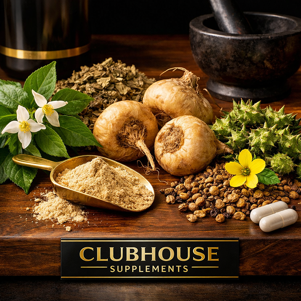 A photorealistic close‑up of natural supplement ingredients like Horny Goat Weed, Maca root, and Tribulus on a wooden surface. Alt: natural herbal ingredients for male stamina
