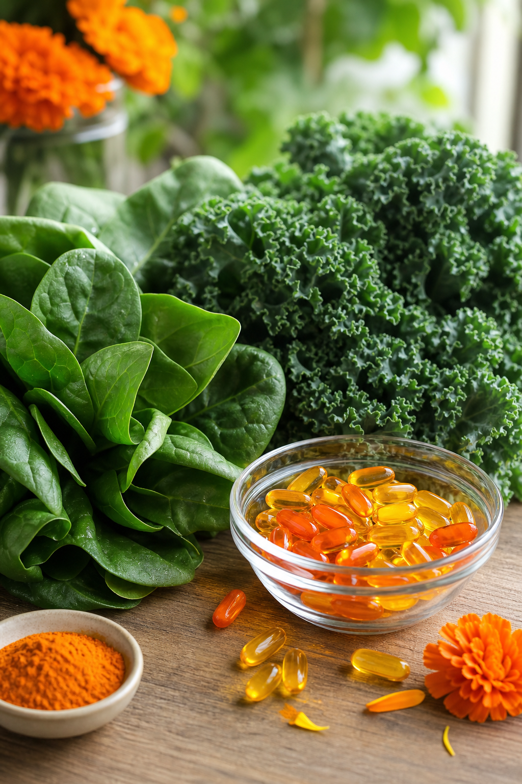 A photorealistic close-up of green leafy vegetables like spinach and kale alongside a glass bowl of yellow and orange carotenoid supplements, with soft natural lighting suggesting eye health. Alt: Lutein and zeaxanthin from foods and supplements for eye health.