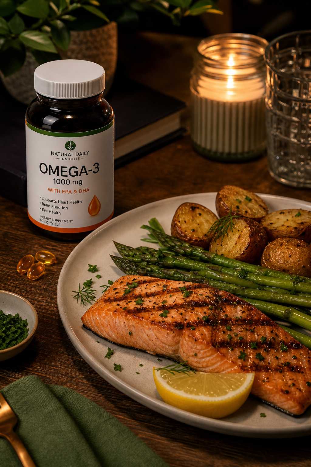 A photorealistic overhead shot of a plate of grilled salmon with lemon and herbs, next to a small omega-3 supplement bottle, with a cozy evening dining scene suggesting eye health. Alt: Omega-3 rich salmon and supplements for night vision support.