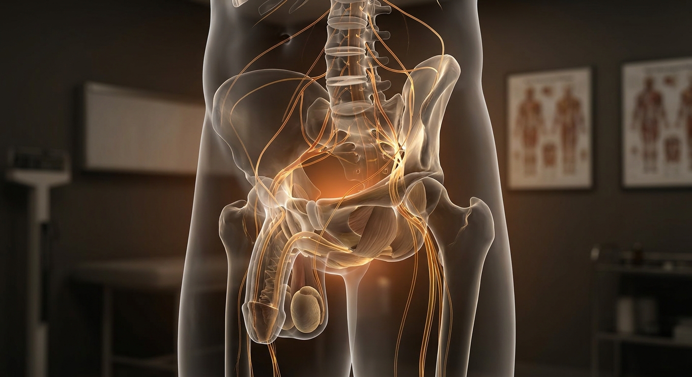 A photorealistic illustration of the male nervous system and pelvic region, showing neural pathways and muscle groups involved in ejaculation control, set against a clinical anatomy background with warm orange accent lighting. Alt: diagram of male pelvic floor and ejaculation control mechanisms for premature ejaculation treatment.