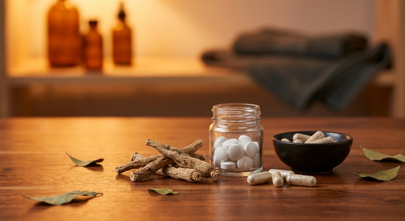A photorealistic close-up of natural stamina-supporting ingredients including ashwagandha root, zinc tablets, and magnesium capsules arranged on a warm wooden surface with soft orange accent lighting and a clean, intentional composition. Alt: natural supplement ingredients for premature ejaculation treatment including ashwagandha and zinc.