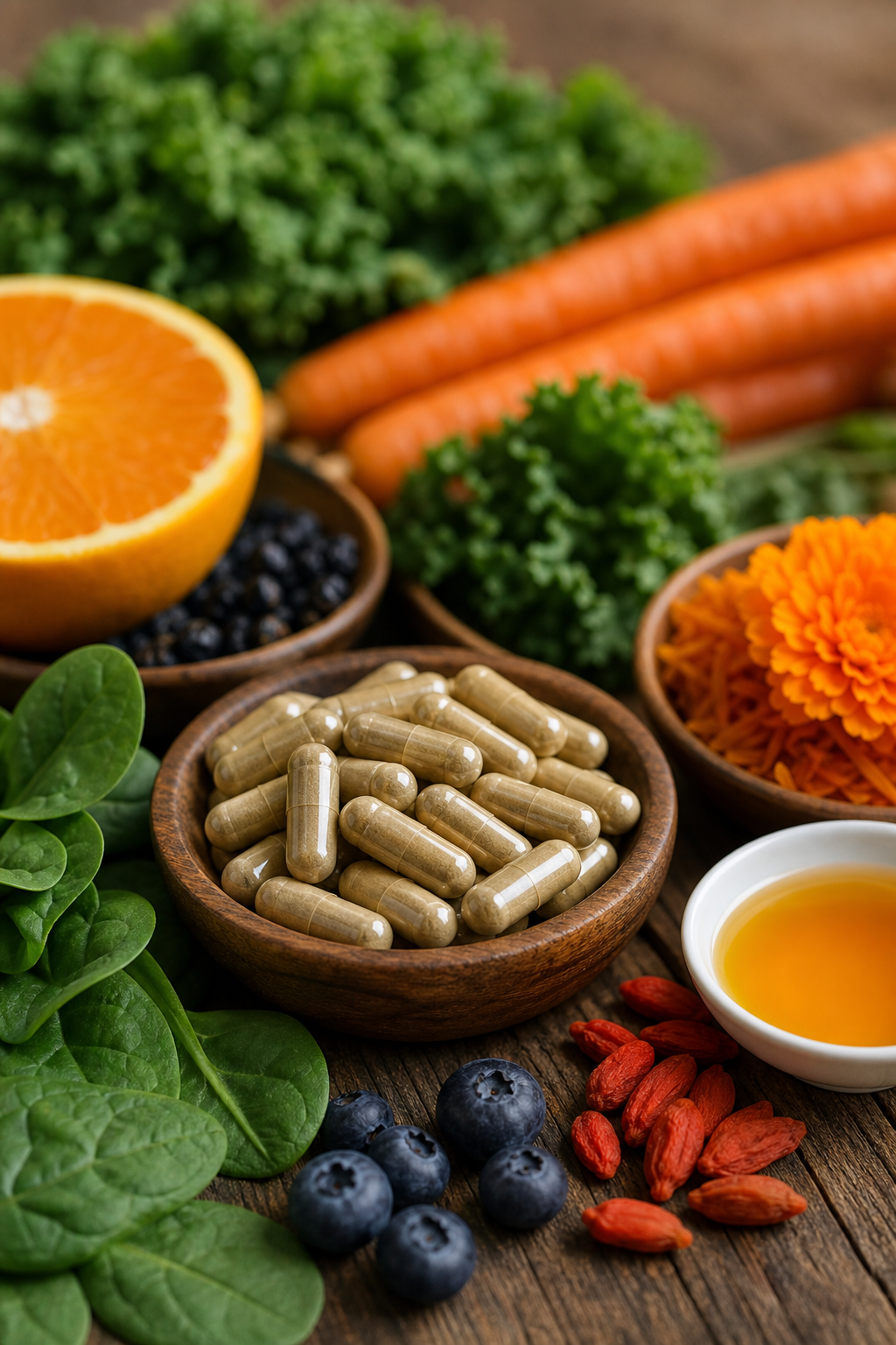 A photorealistic close‑up of eye‑health capsules and natural carotenoids on a wooden surface. Alt: Eye health supplement ingredients close‑up.