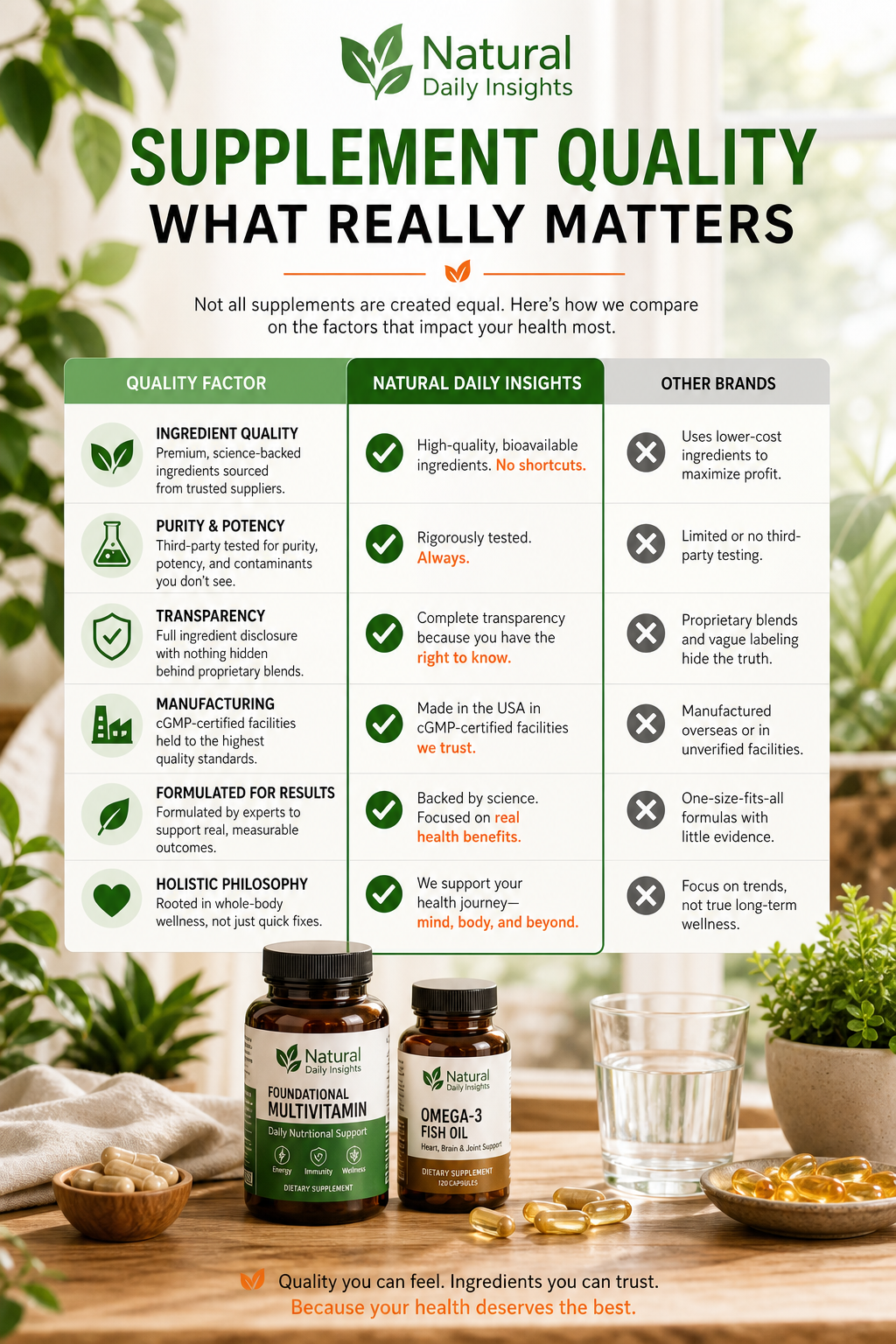 A clean, editorial infographic showing a comparison of supplement quality factors with a brand color accent. Alt: Supplements quality factors infographic.