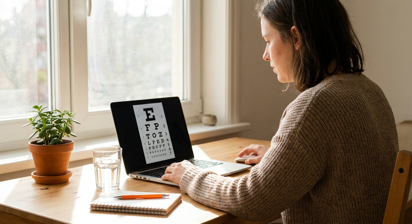A realistic scene of a person reading a high‑contrast chart on a laptop, sunlight streaming onto a desk, showing clear vision and focus. Alt: contrast sensitivity improvement with natural supplements